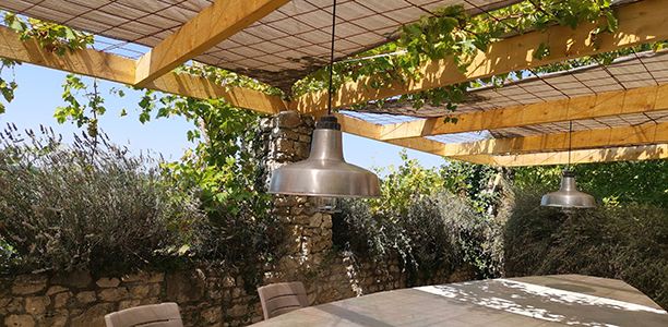 Shaded table under pergola